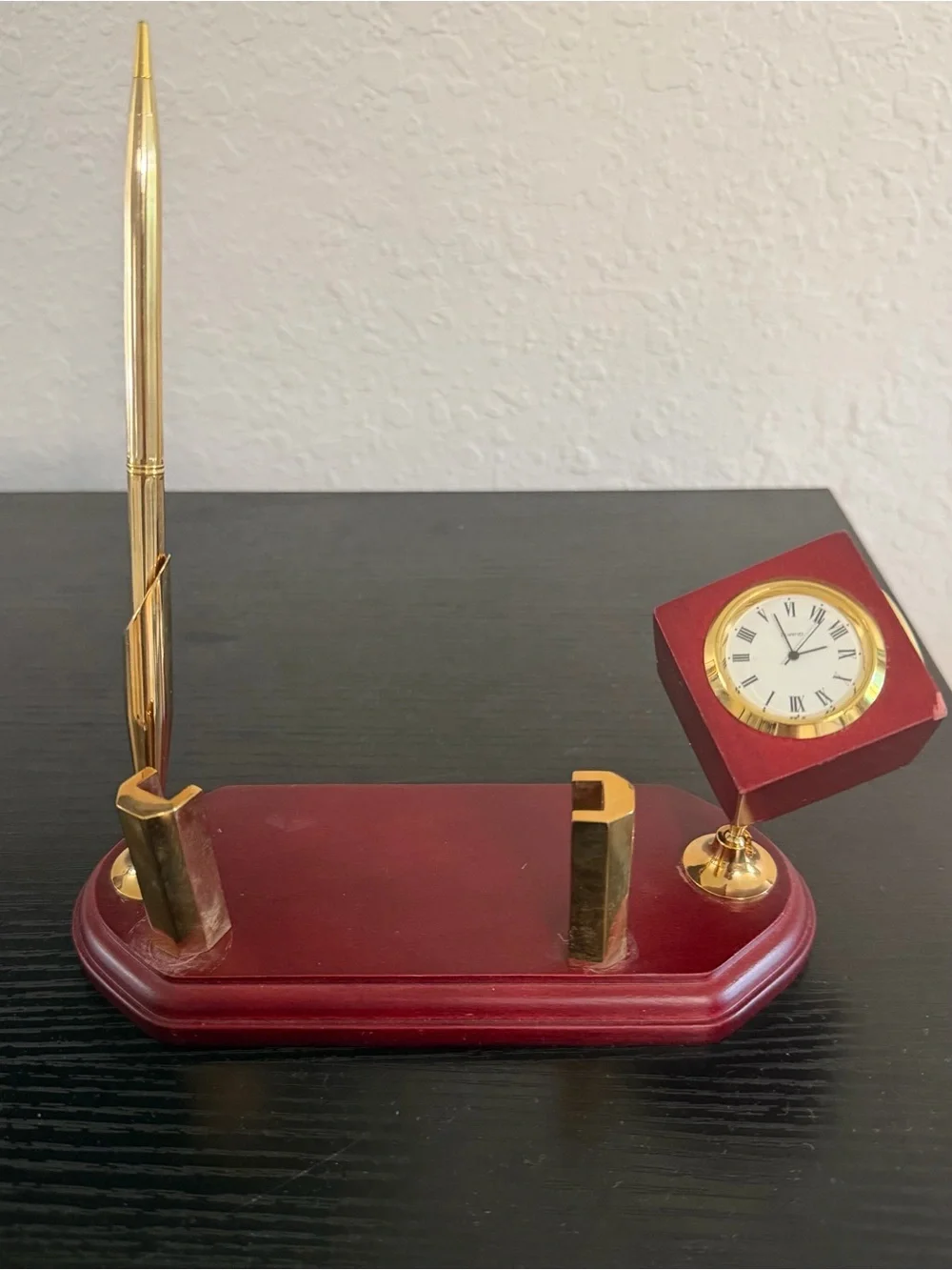 Vintage Wooden Executive Desk Organizer w/ Quartz Clock, Thermometer & Gold Pen